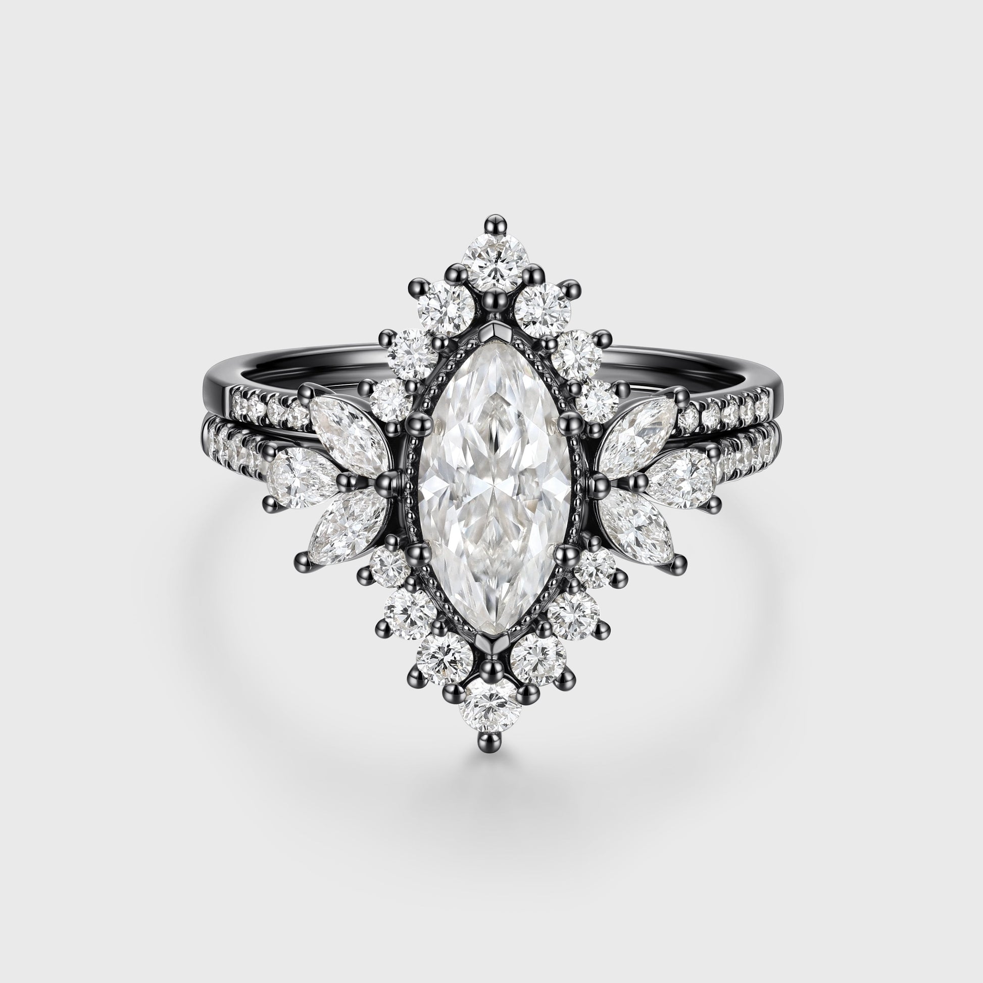 1 Carat Marquise cut Moissanite Halo Cluster Engagement Ring Bridal Set