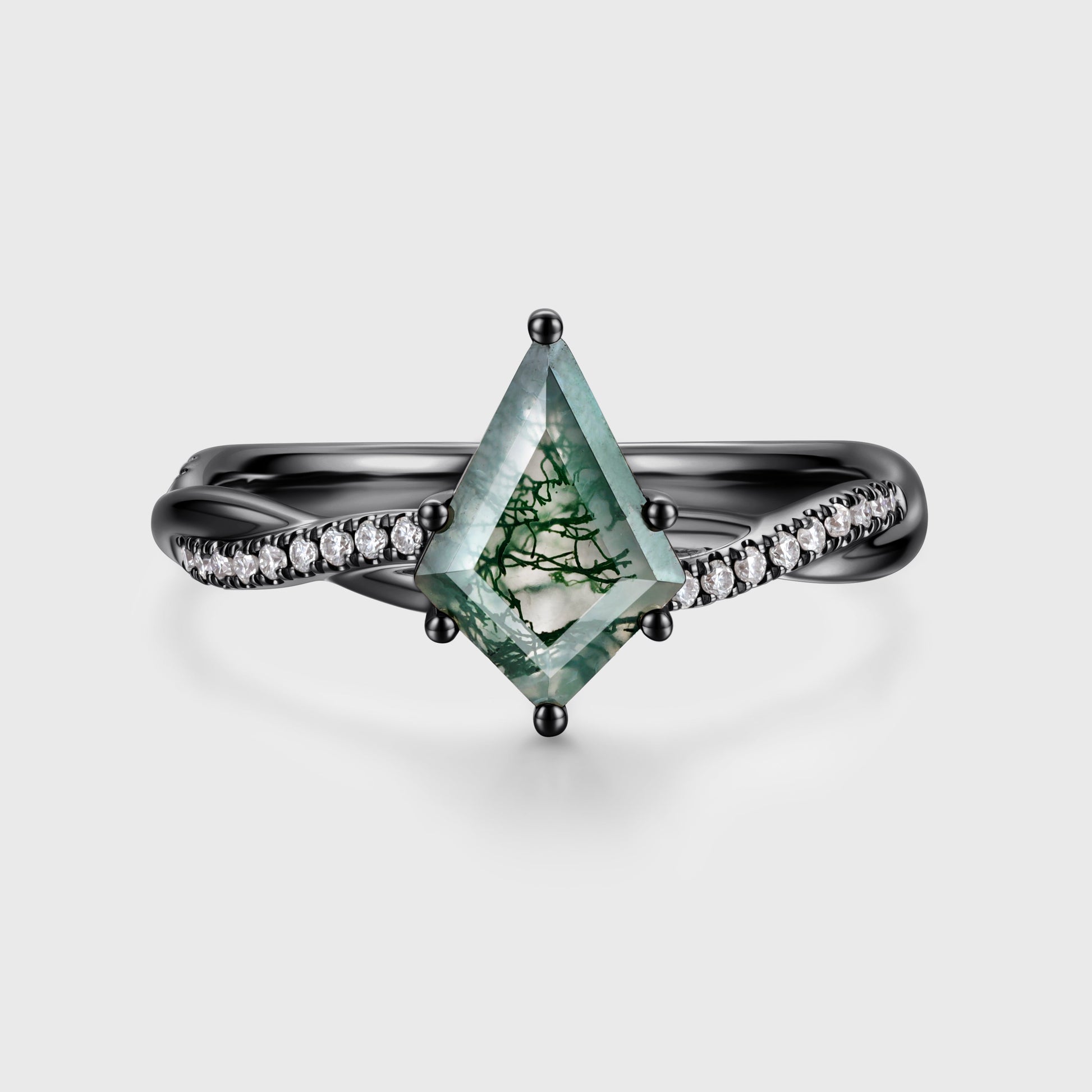 Kite Cut Natural Green Moss Agate Cluster Engagement Ring