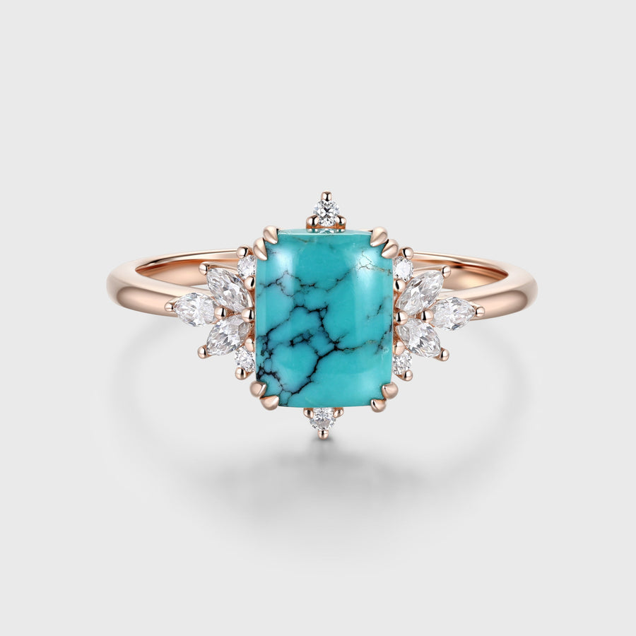 Emerald Cut Turquoise Cluster Engagement Ring