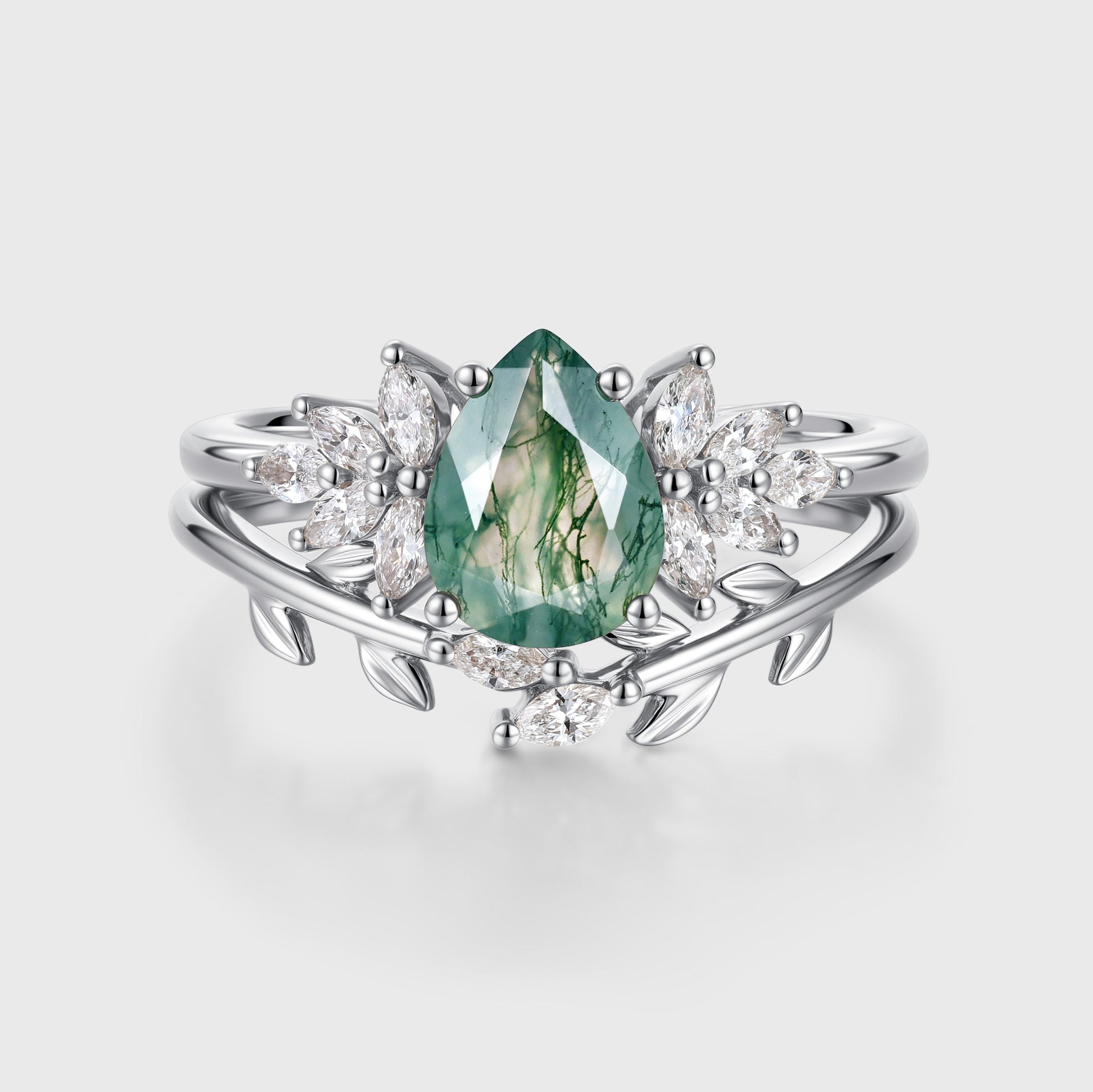 Nature Inspired Pear cut Moss Agate Leaf Gold Wedding bridal set