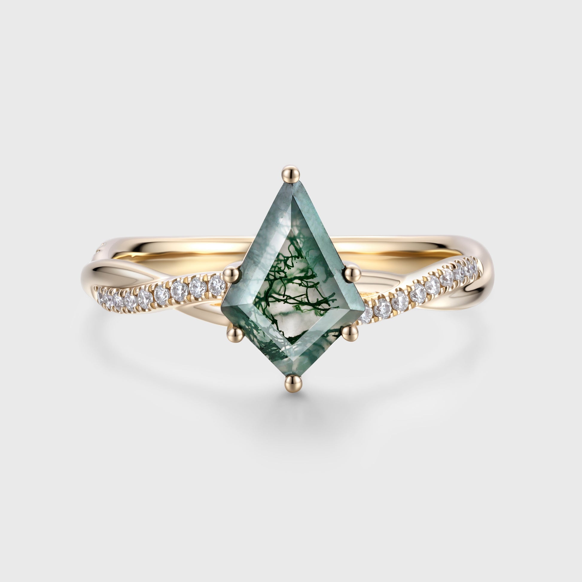 Kite Cut Natural Green Moss Agate Cluster Engagement Ring
