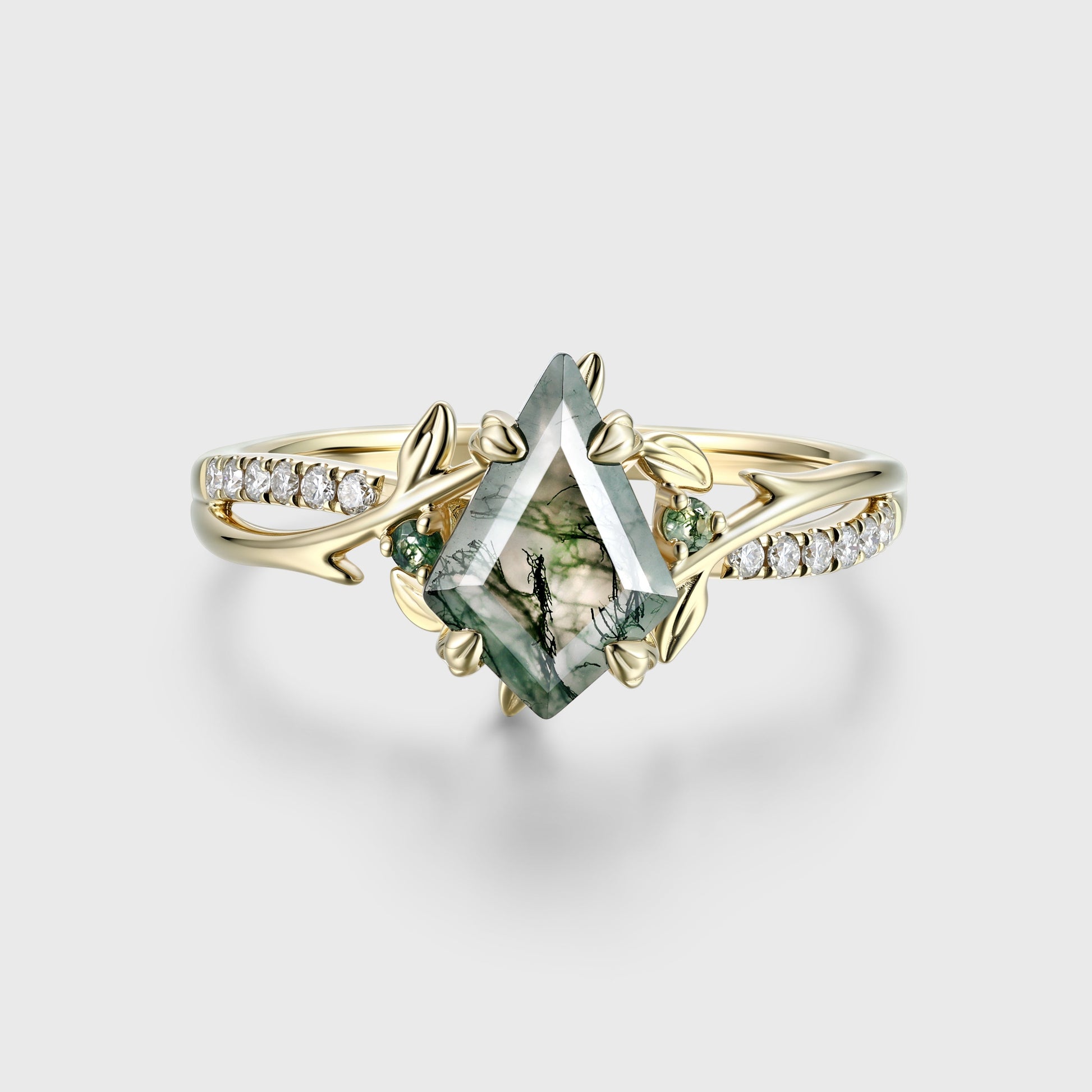 Nature Inspired Kite cut Moss Agate Gold Engagement Ring
