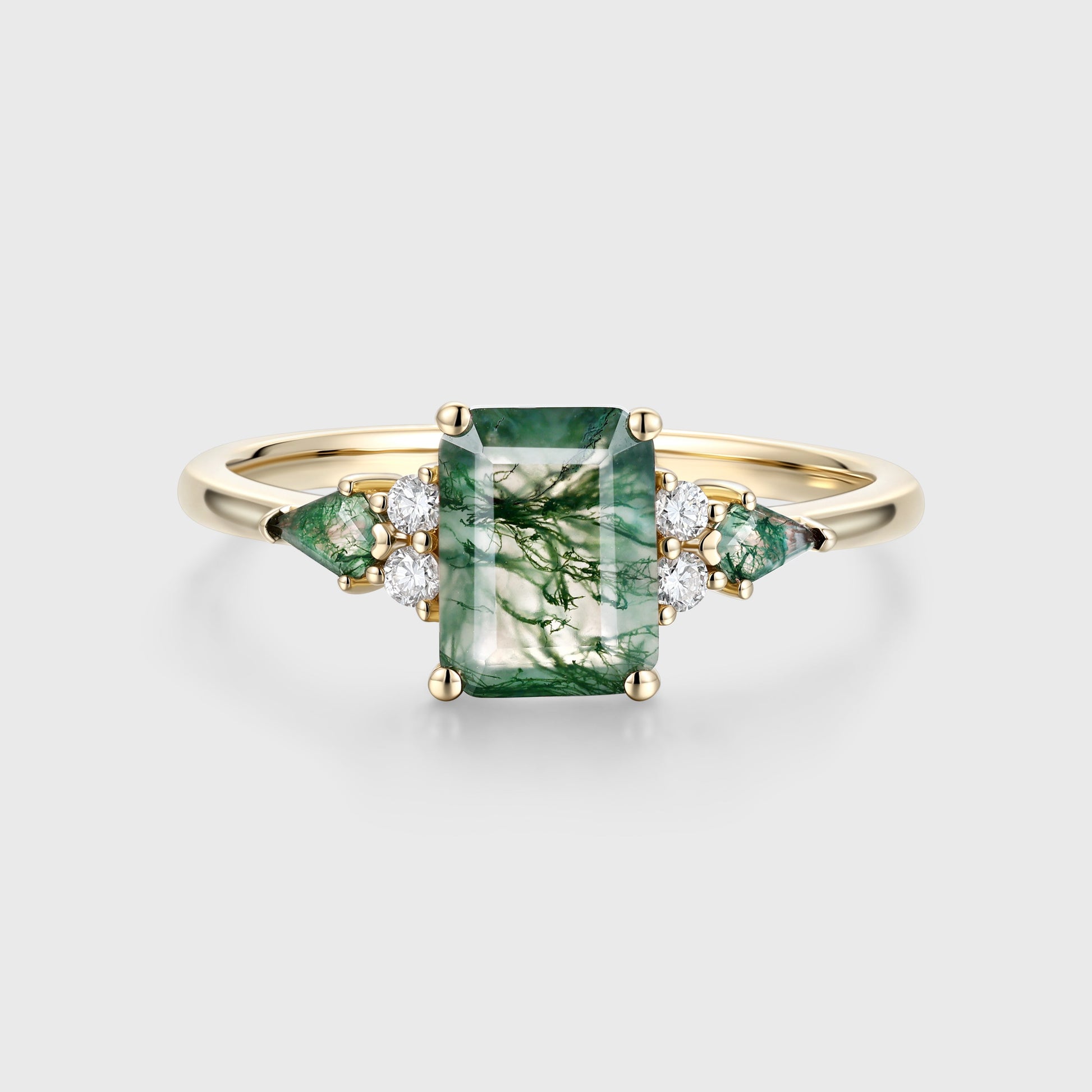 Emerald cut Moss Agate Solid Gold Engagement Ring