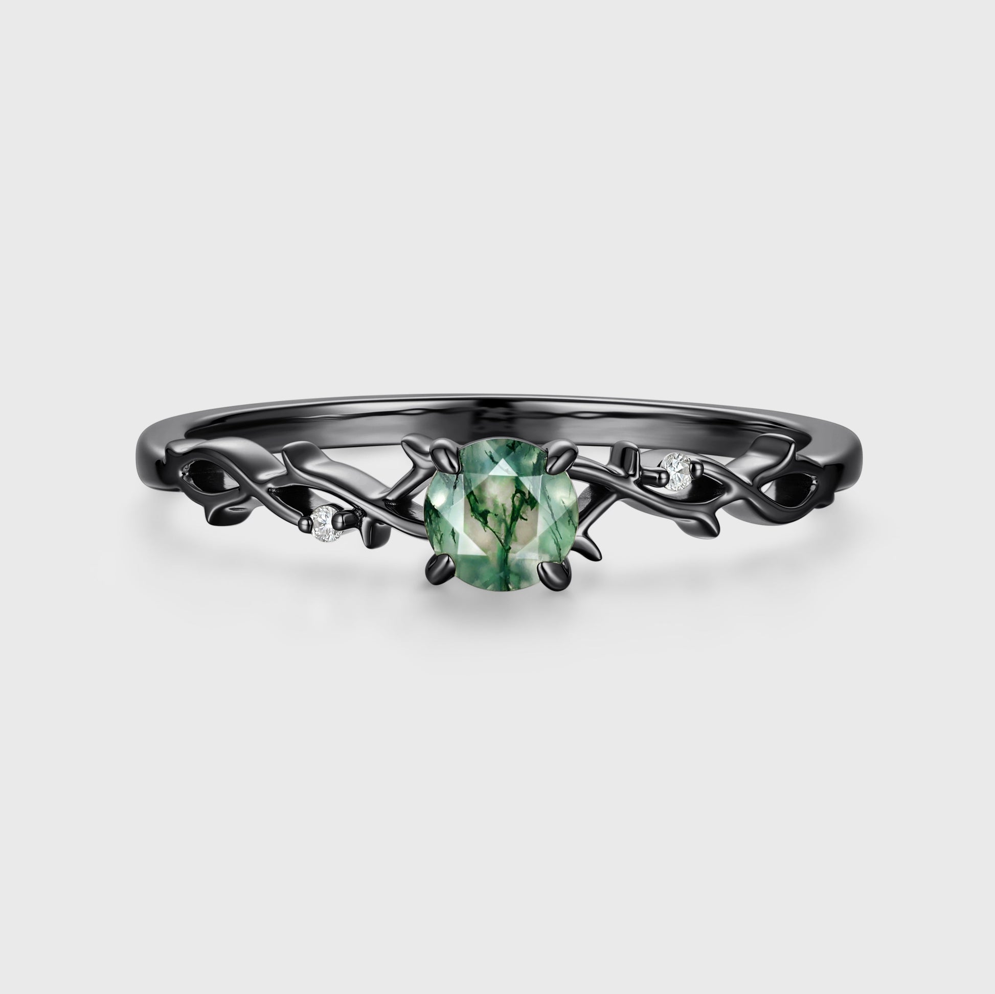 Nature Inspired Round cut Moss Agate + Diamonds twig Engagement Ring