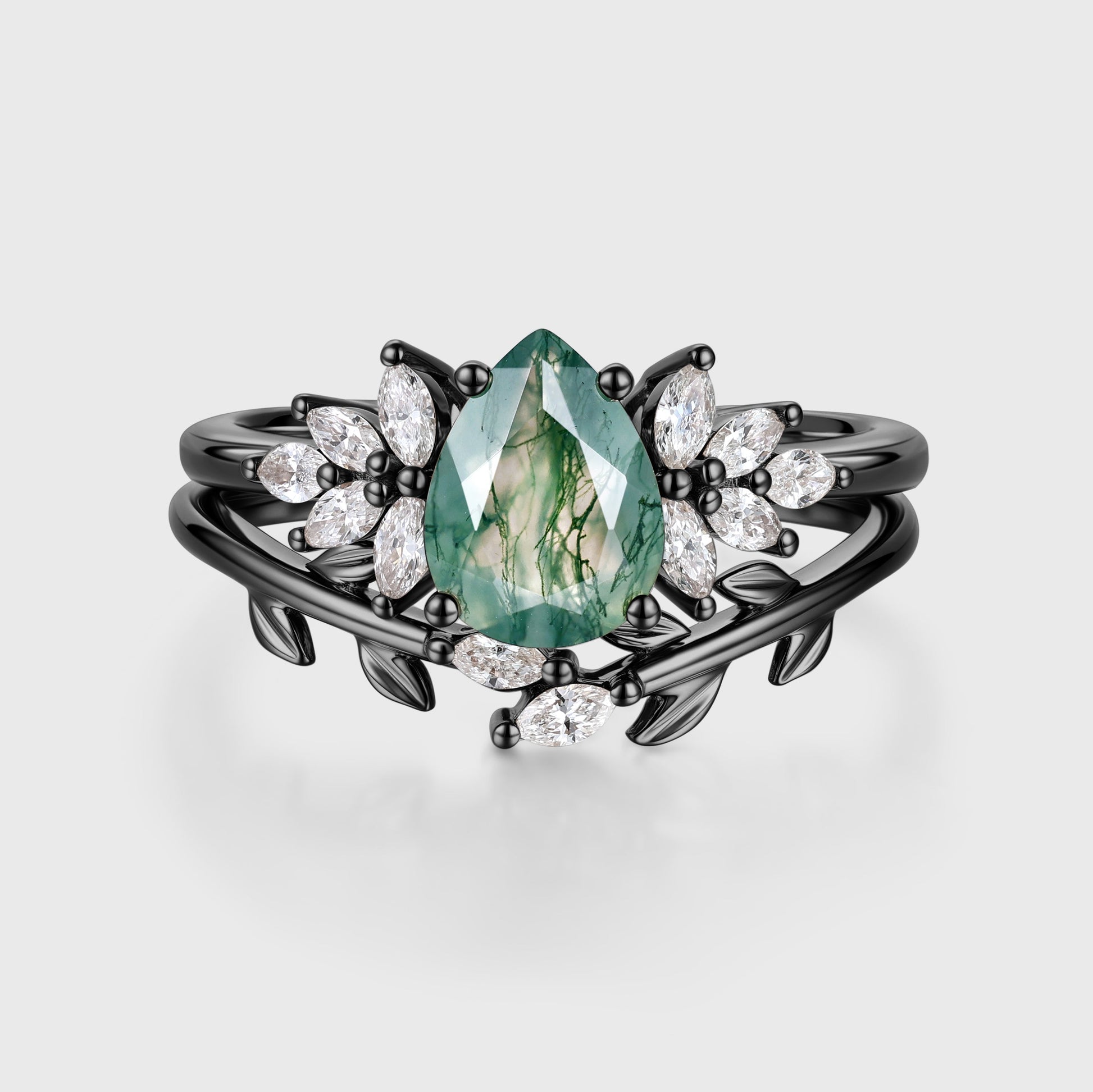 Nature Inspired Pear cut Moss Agate Leaf Gold Wedding bridal set