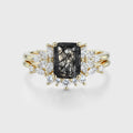 Emerald cut Black Rutilated Quartz Engagement ring Bridal Set