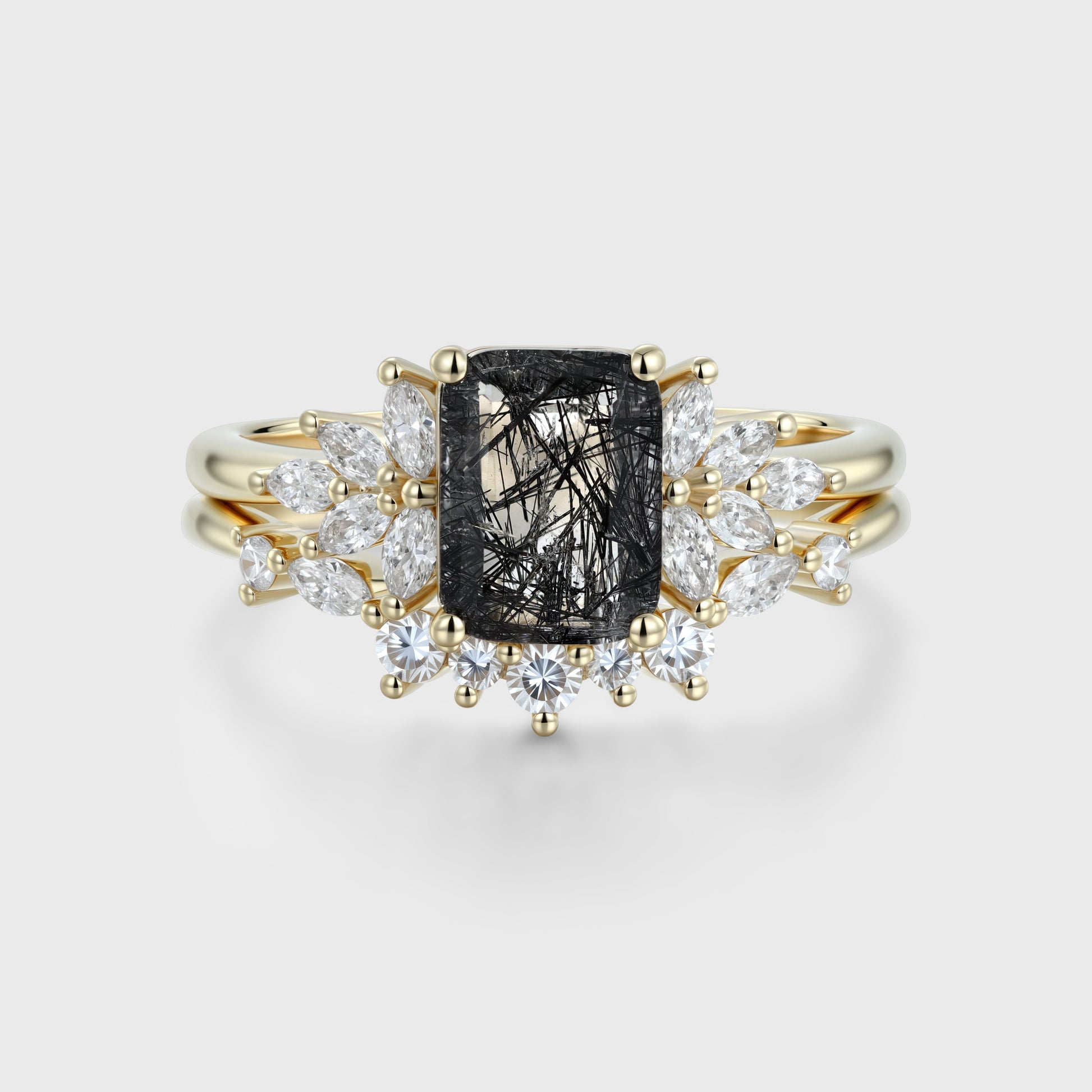 Emerald cut Black Rutilated Quartz Engagement ring Bridal Set
