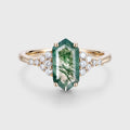 Long Hexagon cut Moss Agate Matching Moissanite | Diamonds Gold Engagement Ring