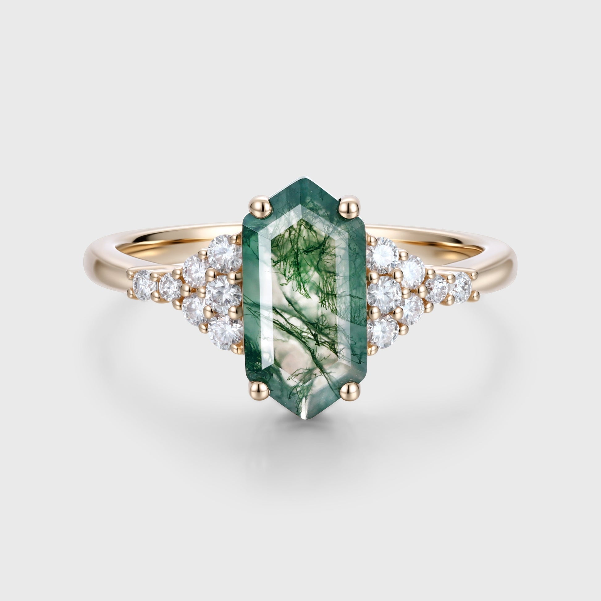 Long Hexagon cut Moss Agate Matching Moissanite | Diamonds Gold Engagement Ring