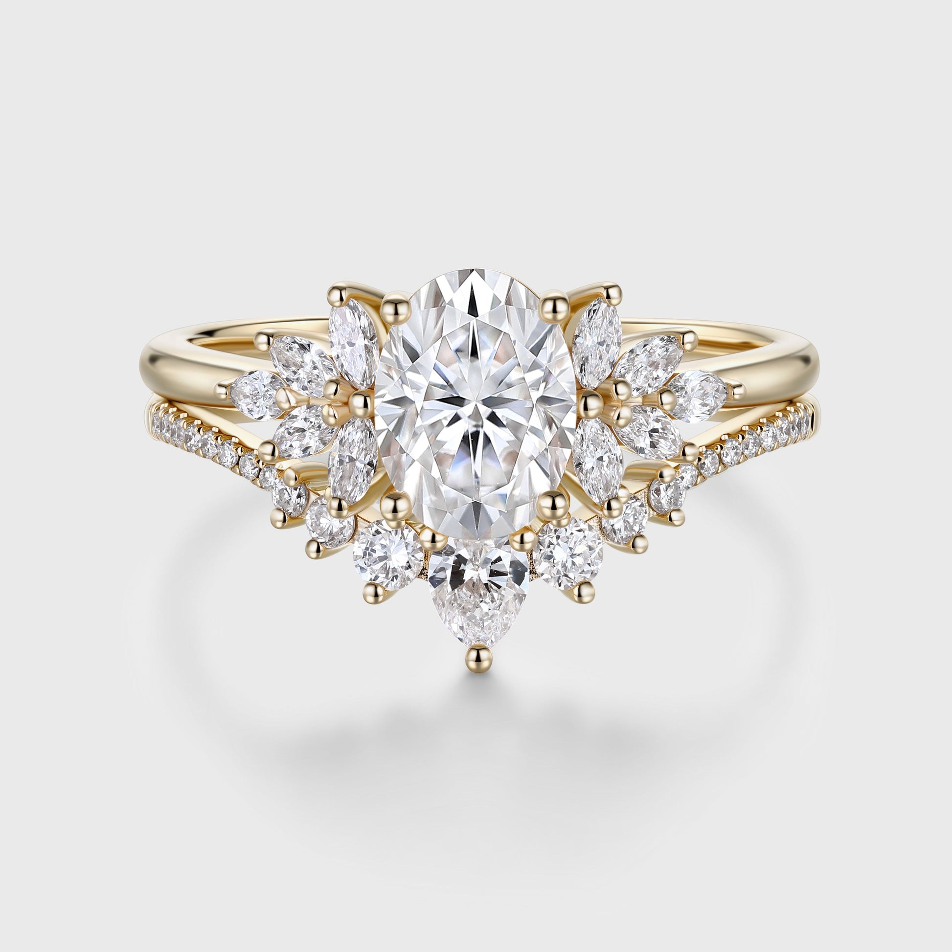 1.5 Carat Vintage Oval cut Moissanite Cluster Engagement ring Bridal Set