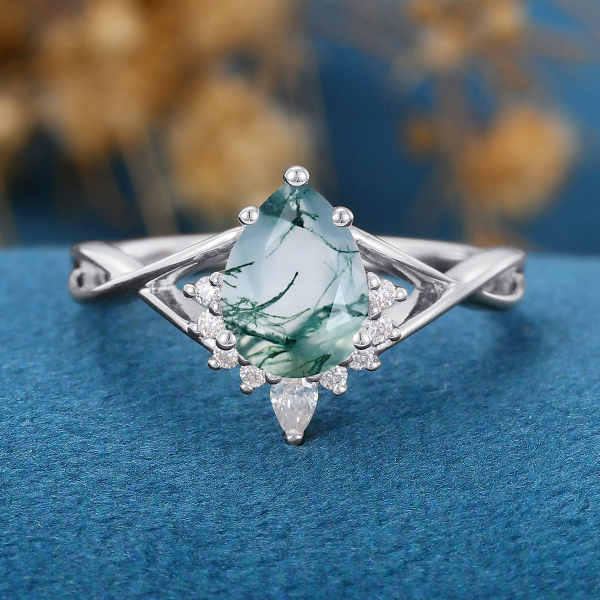 1.2Carat Pear Cut Natural Green Moss Agate Cluster Engagement Ring