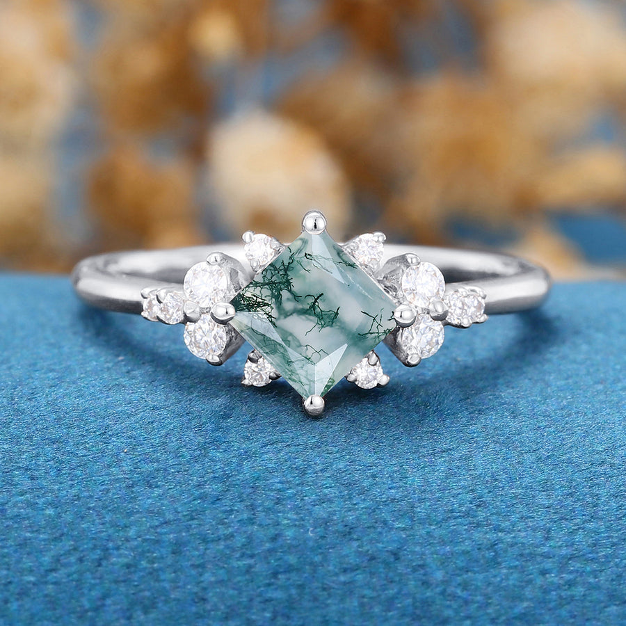 Princess Square Cut Natural Green Moss Agate Cluster Engagement Ring
