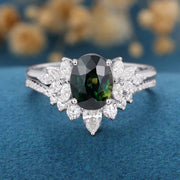 1.5Carat Oval Blue green sapphire Engagement ring Bridal Set