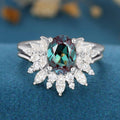 Oval cut Alexandrite Cluster Engagement ring Bridal Set