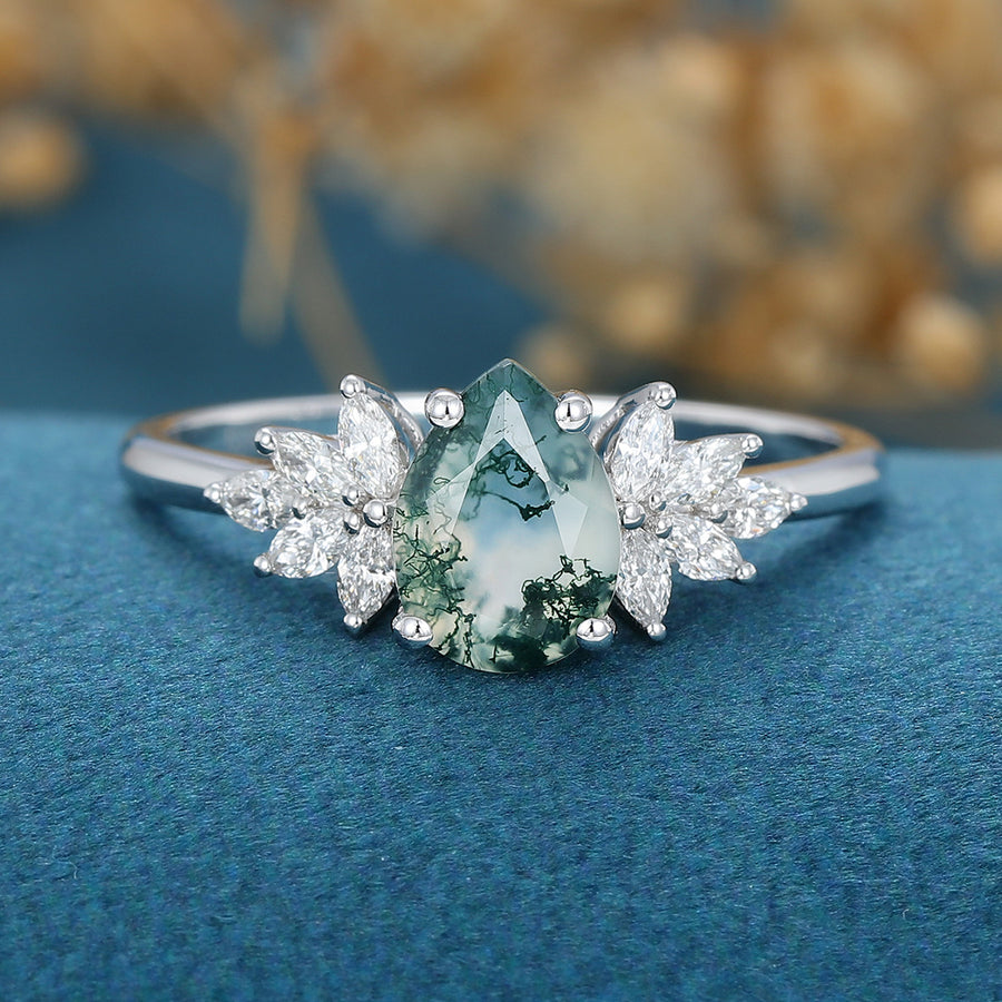 Moss Agate Natural Green Pear cut Cluster Engagement rings
