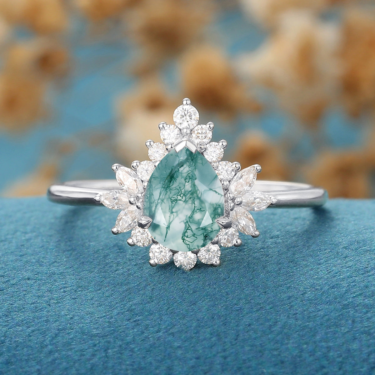 1.2 Carat Moss Agate Natural Green Pear cut Cluster Engagement rings