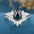 Pear cut Blue Green Sapphire Cluster Engagement Bridal Set