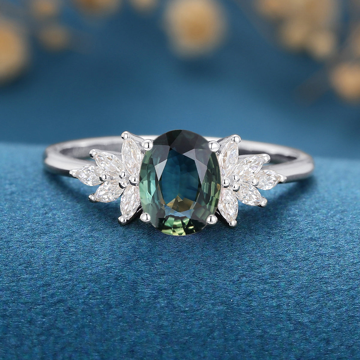 Oval Blue-Green Sapphire Cluster Engagement ring