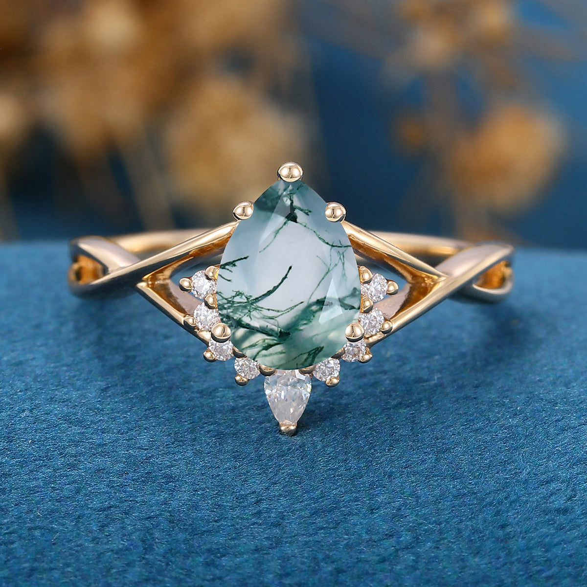 1.2Carat Pear Cut Natural Green Moss Agate Cluster Engagement Ring