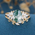 Natural Green Moss Agate 2PCS Oval Cluster Engagement Ring Bridal Sets