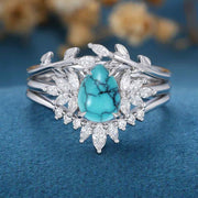 3PCS Pear Cut Turquoise Cluster Engagement ring Set Bridal Set 