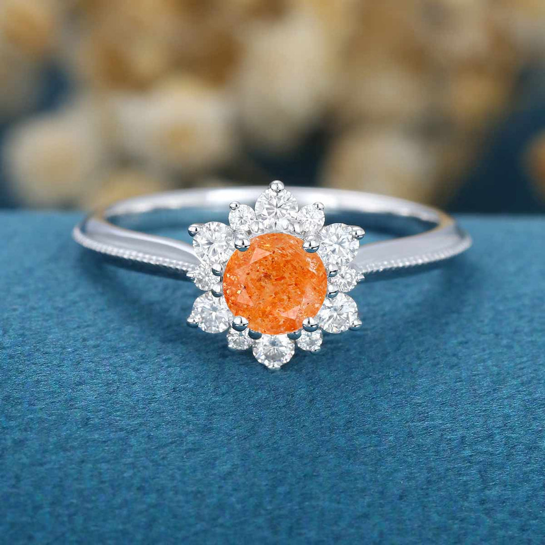 5mm Round cut Sunstone Flower Halo Engagement ring