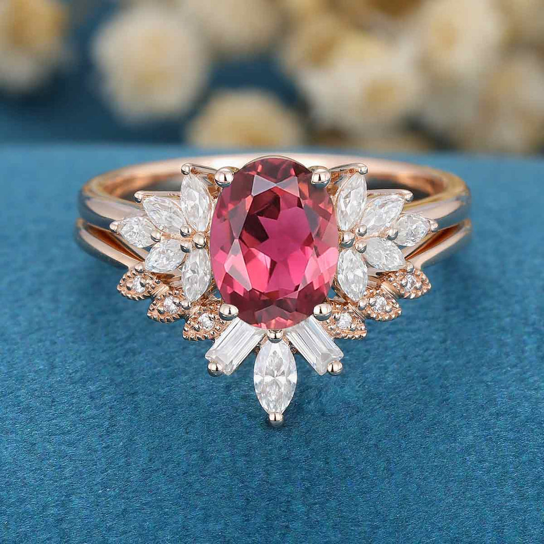 Oval cut Tourmaline Cluster Engagement ring Bridal Set 