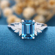 6*9mm Emerald cut London Blue Topaz Cluster Engagement Ring 