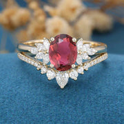 Oval cut Tourmaline Cluster Engagement ring Bridal Set 