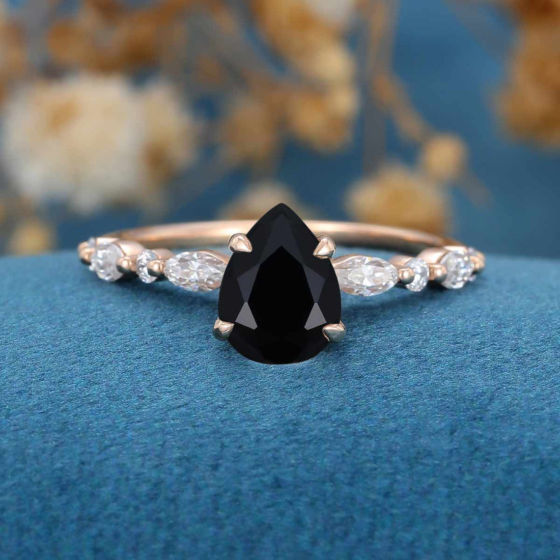 Pear cut Black Onyx Cluster Engagement Ring