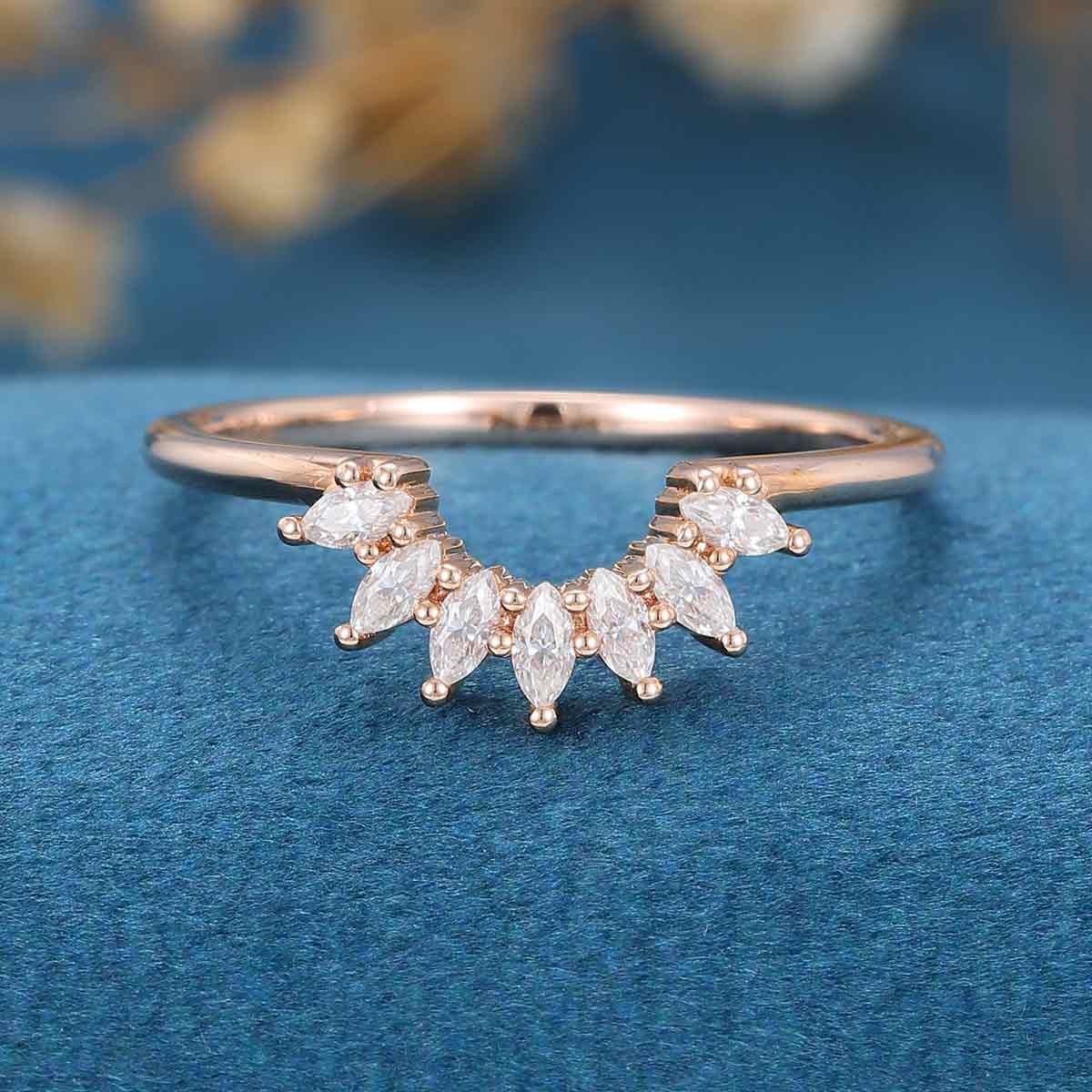 Marquise Moissanite | Diamond Curved Wedding Band Ring 