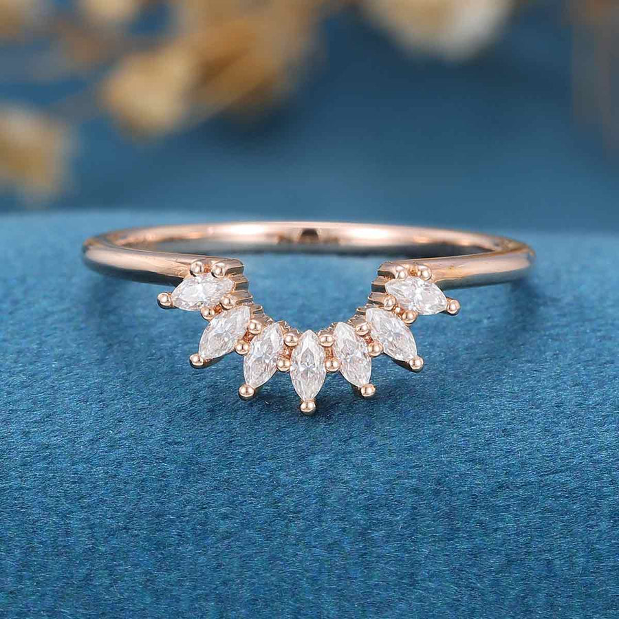 Marquise Moissanite | Diamond Curved Wedding Band Ring 