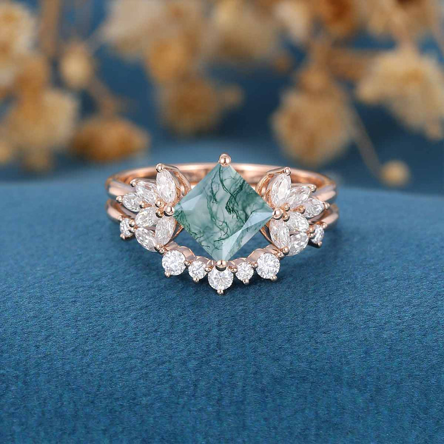 Natural Green Moss Agate Princess cut cluster Engagement Ring Bridal Sets 