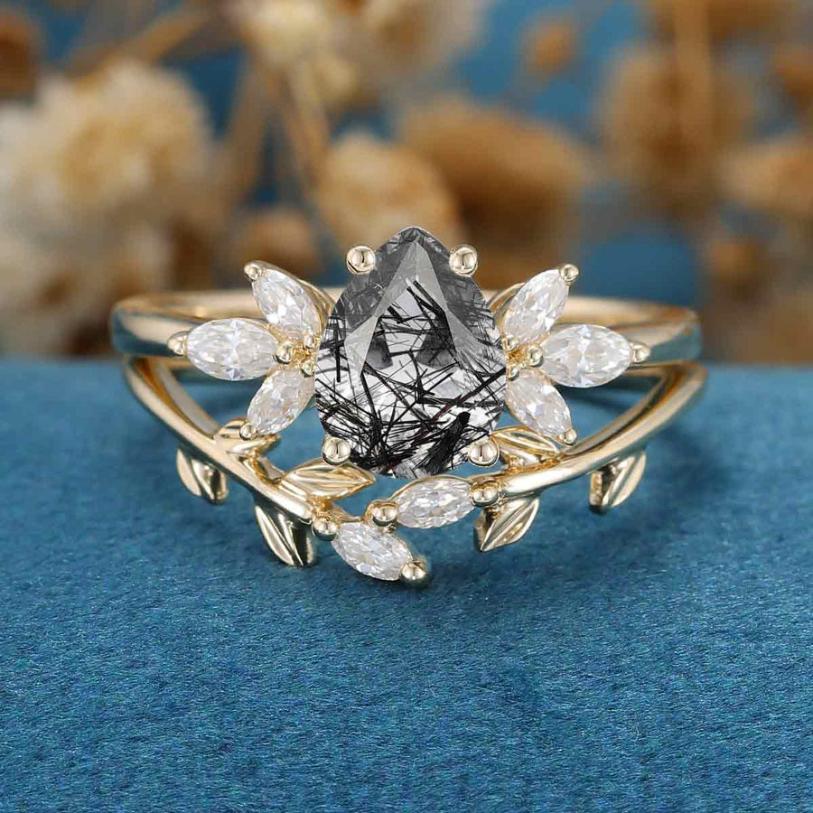Pear cut Black Rutilated Quartz Engagement ring Bridal Set 