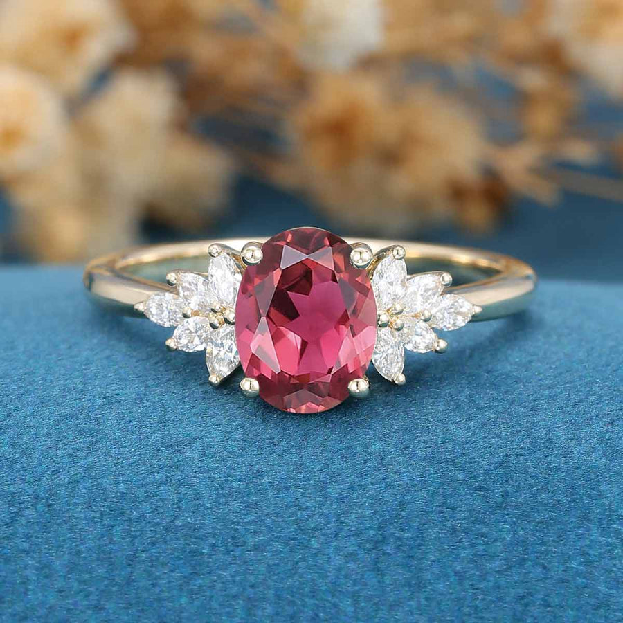 Oval cut Tourmaline Cluster Engagement Ring 