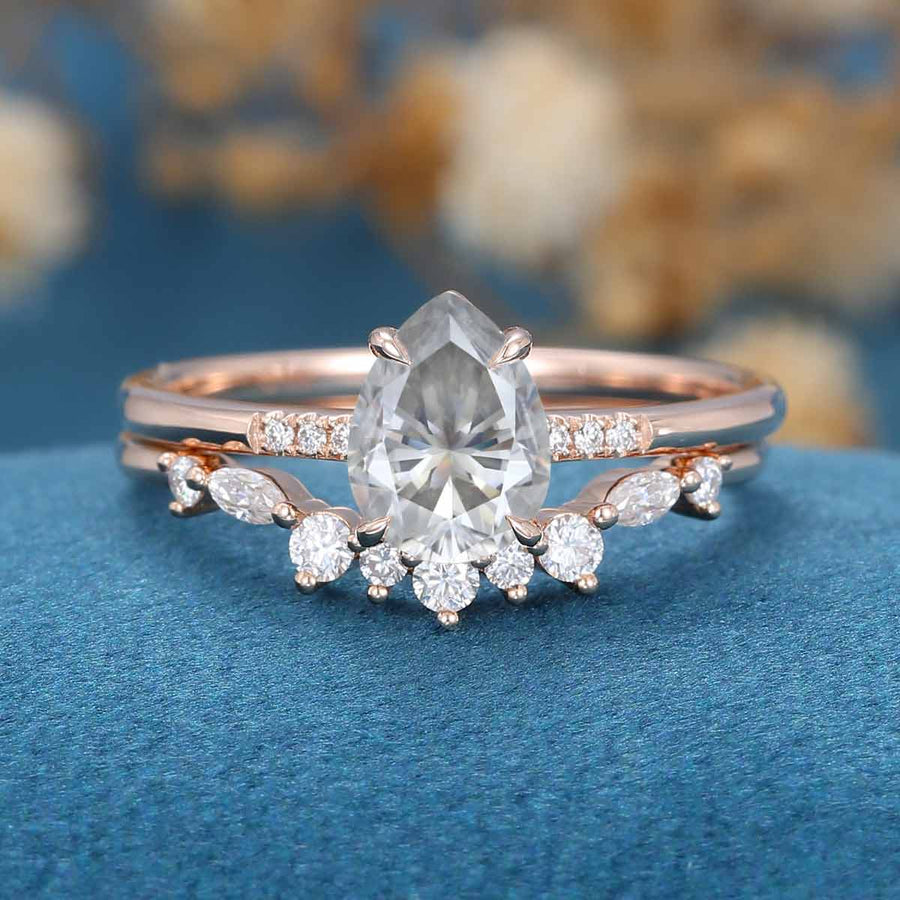 Pear Cut Gray Moissanite Engagement ring Bridal Set 
