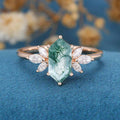 Natural Green Moss Agate Long Hexagon Cut Cluster Engagement rings 