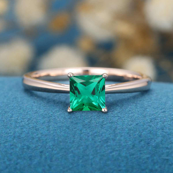 Princess Cut Lab Emerald Solitaire Engagement Ring