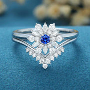 Round Cut Lab Sapphire Halo Engagement ring Bridal Set 