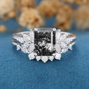 Emerald cut Black Rutilated Quartz Engagement ring Bridal Set 