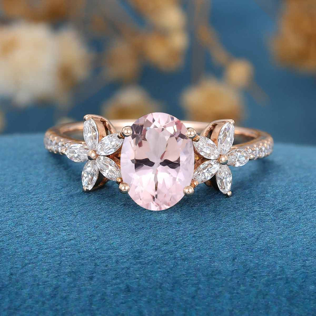 Oval cut Morganite Cluster Engagement Ring 