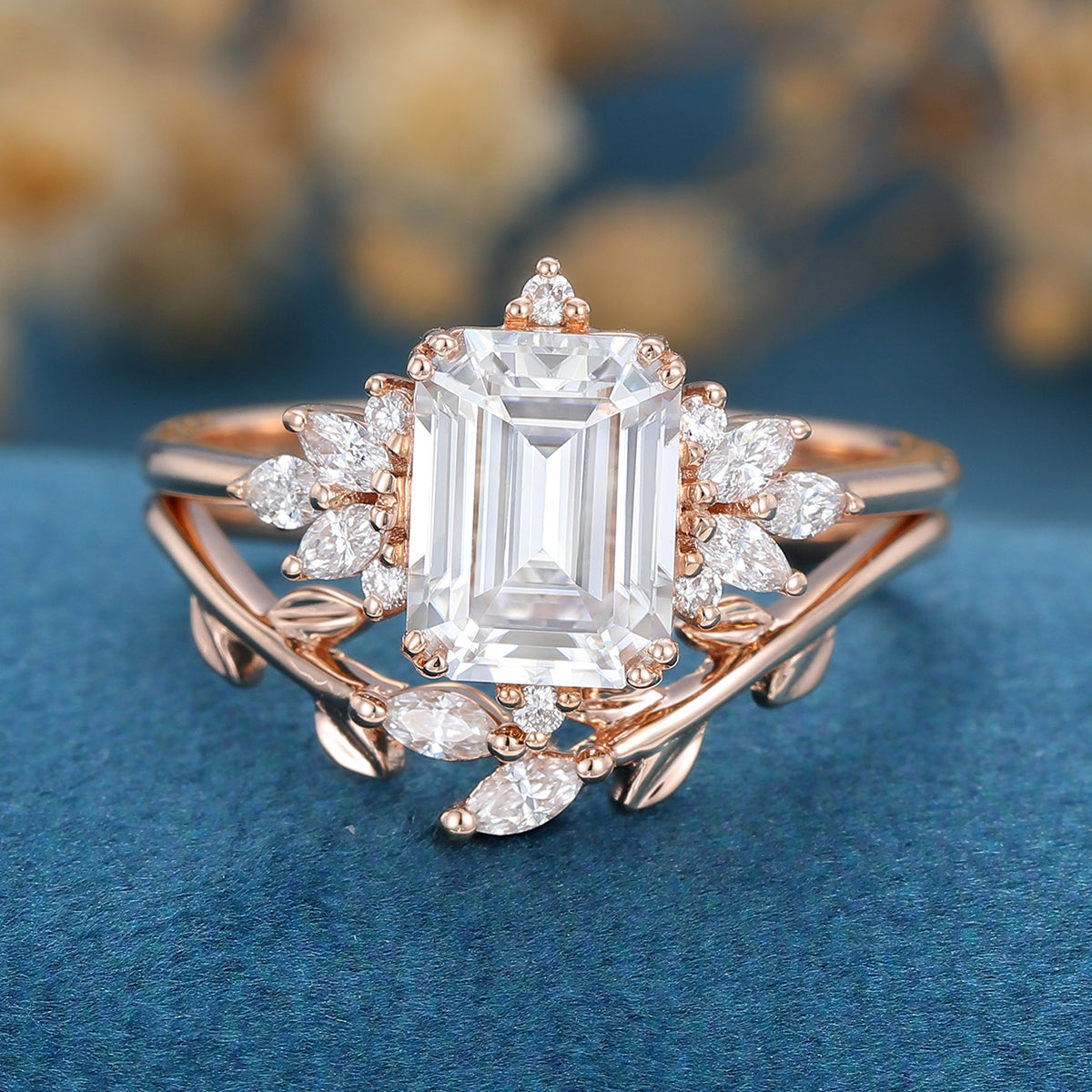 2PCS Emerald cut  Moissanite cluster Engagement Bridal Set 