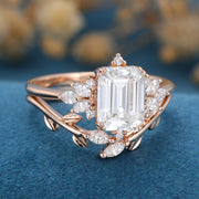 2PCS Emerald cut  Moissanite cluster Engagement Bridal Set 
