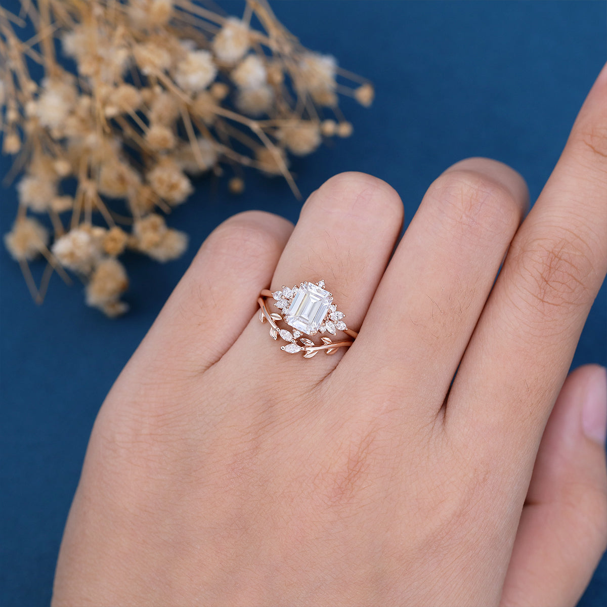2PCS Emerald cut  Moissanite cluster Engagement Bridal Set 