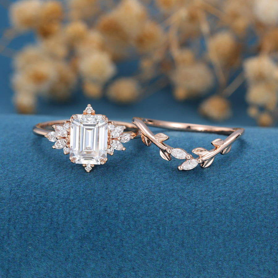 2PCS Emerald cut  Moissanite cluster Engagement Bridal Set 