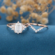 Emerald cut Moissanite engagement ring set 