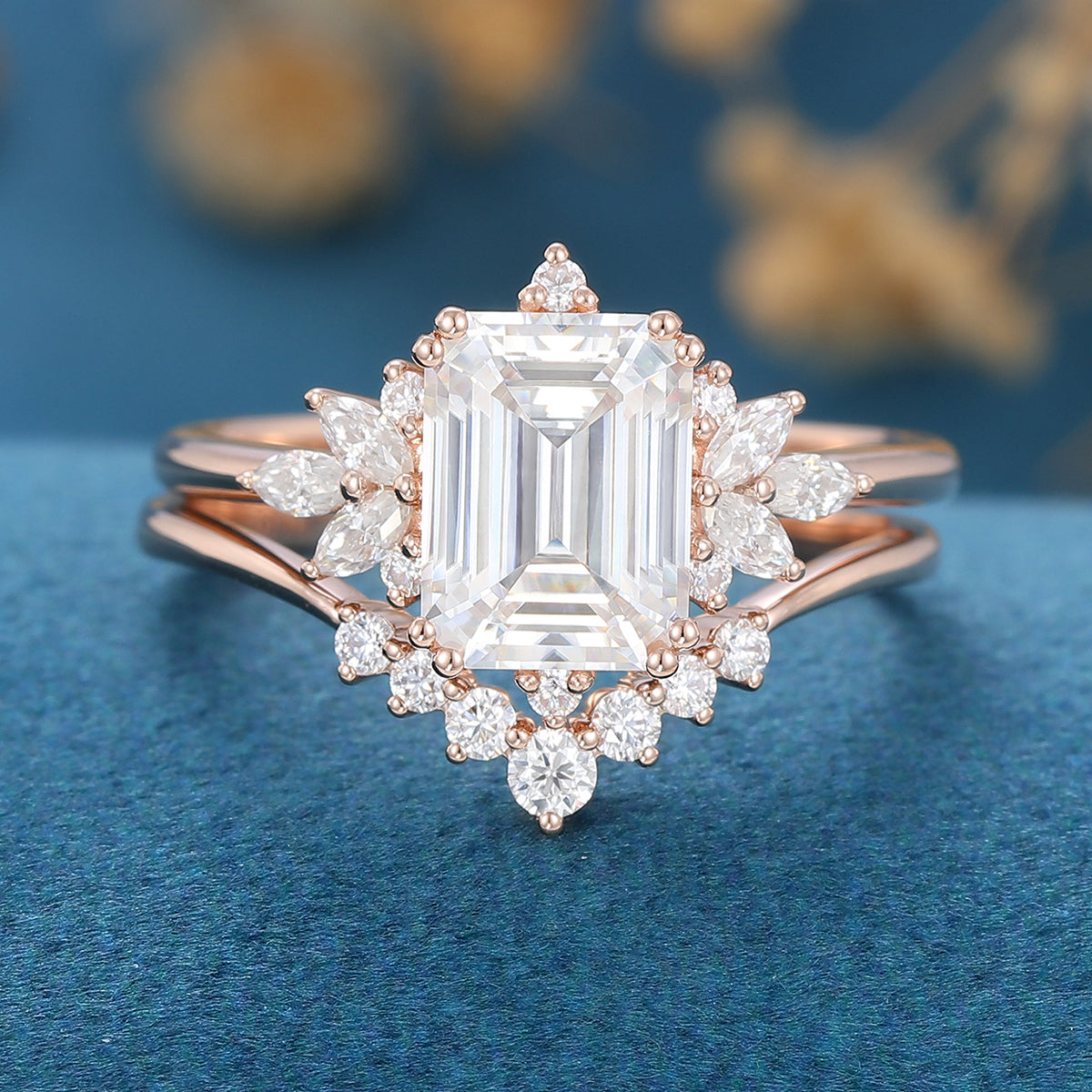 Emerald cut Moissanite Cluster Engagement ring Bridal Set 