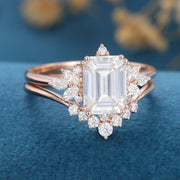 Emerald cut Moissanite Cluster Engagement ring Bridal Set 