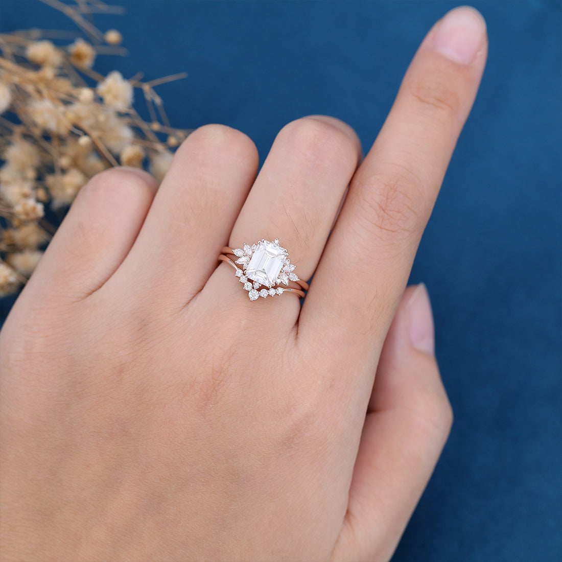 Emerald cut Moissanite Cluster Engagement ring Bridal Set
