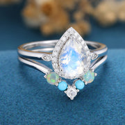 Pear cut Moonstone Halo  Engagement ring Bridal Set 